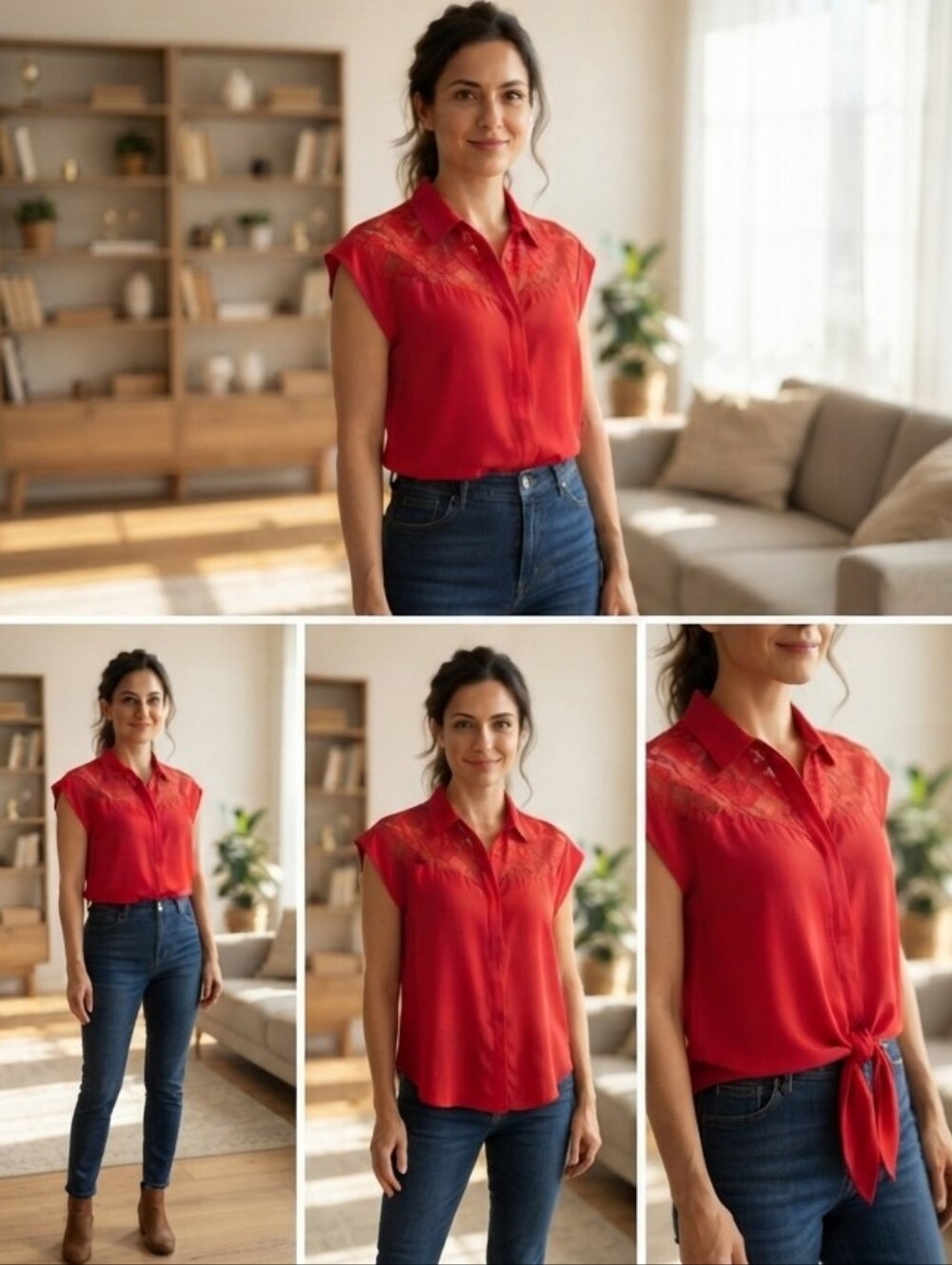 VAN HEUSEN Lace Back Sleeveless Blouse Red Sheer Accent Button V-Neck Shirt M